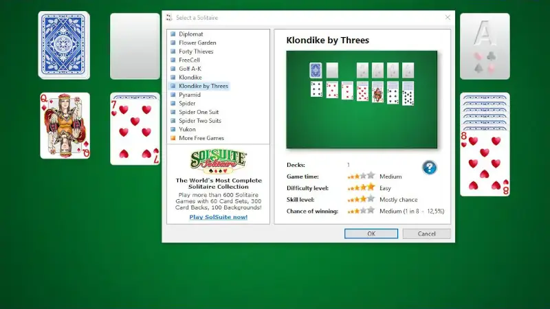 listes des différents jeux inclus dans 123 Free Solitaire